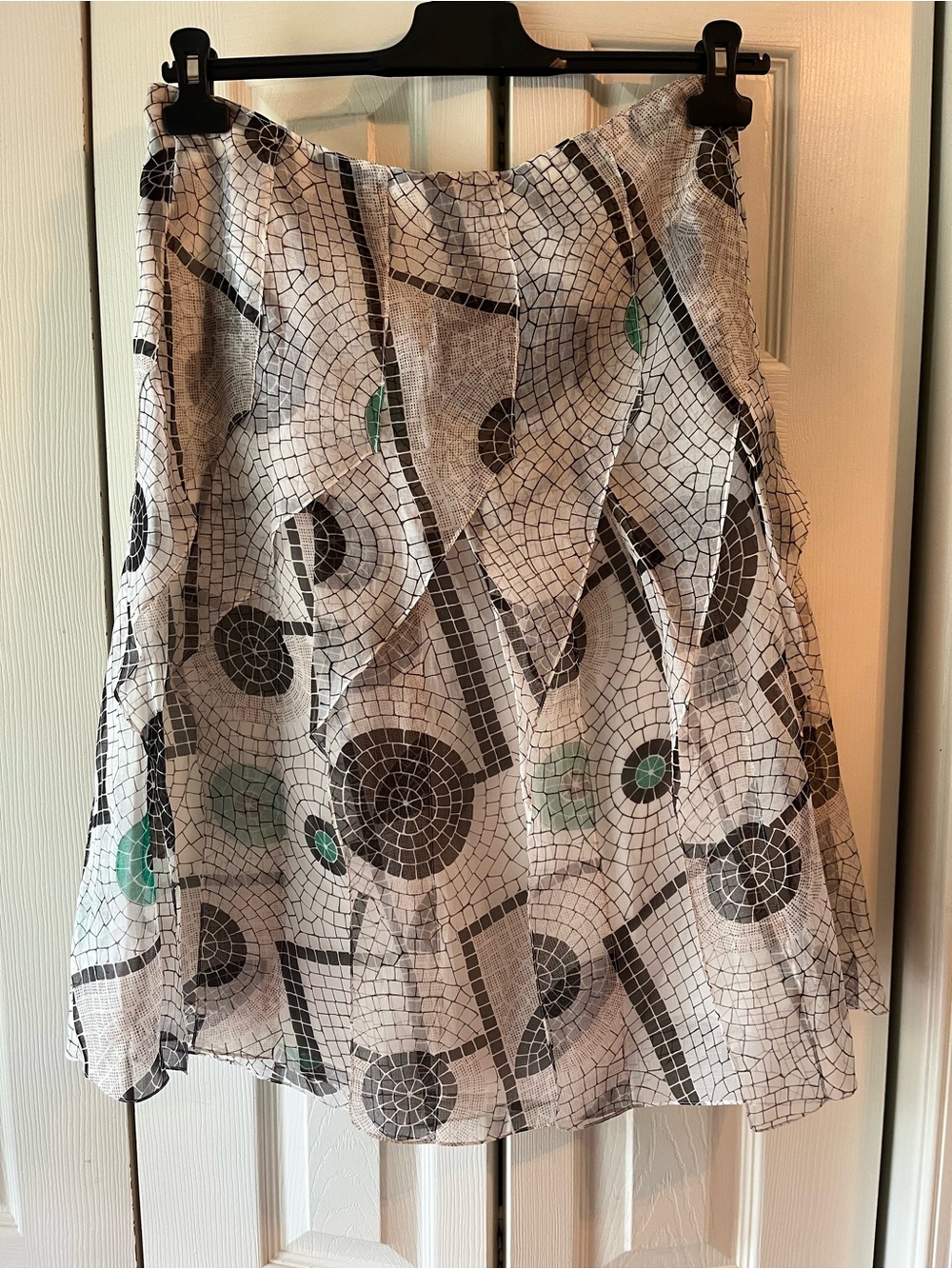 White A-Line Skirt with Black Mosaic Circles and Teal Accents